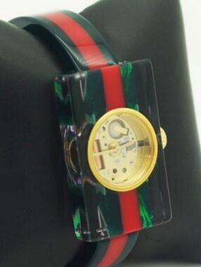 Gucci Green and Red Transparent Aceylic Gold-Bezel Mechanical Watch